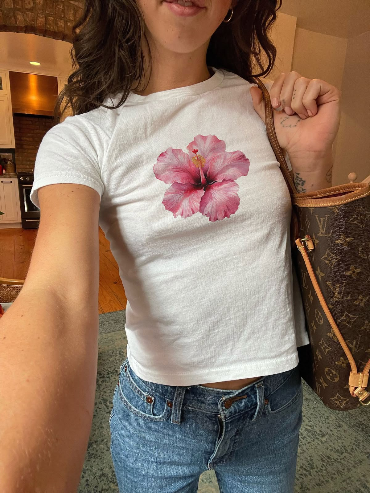 Kemer Boy Pink Hibiscus  Baskılı Crop Bluz