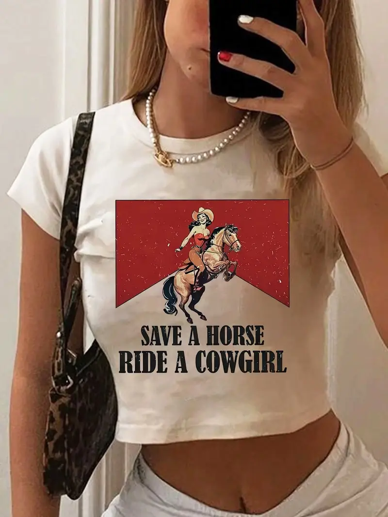 Kemer Boy Save A Horse Baskılı Crop Bluz