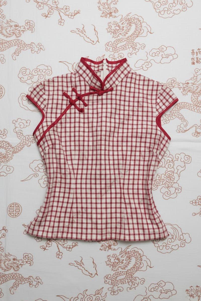 Kırmızı Dama Desenli Chines Crop T-shirt