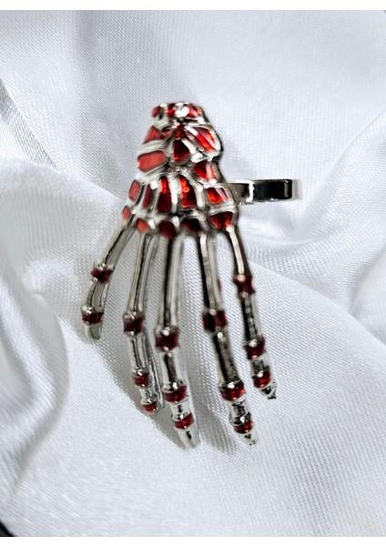 Kırmızı Detaylı İskelet El Gotik Unisex Yüzük