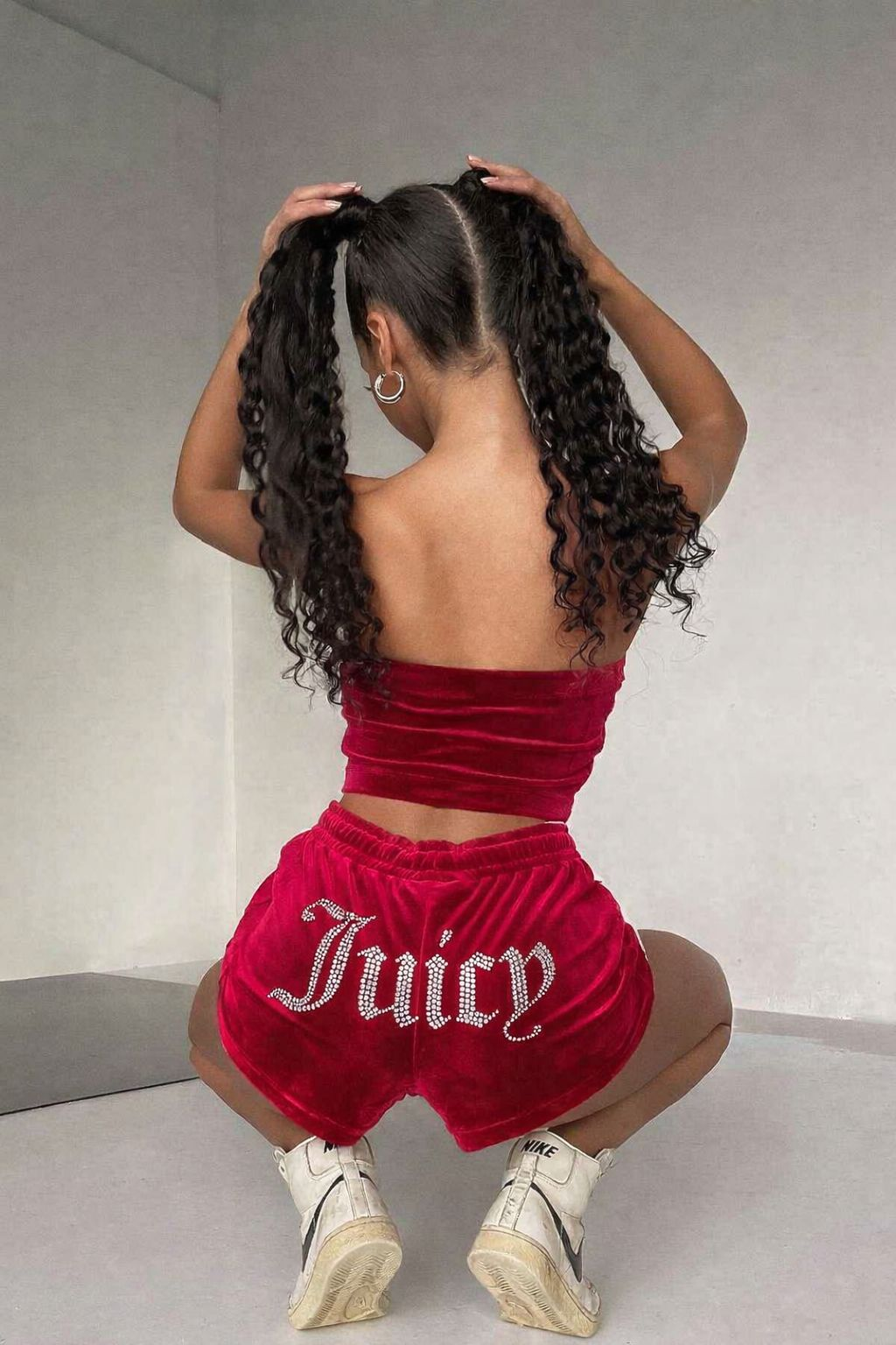 Kırmızı Juicy Taşlı Crush Kadife Şort Takım