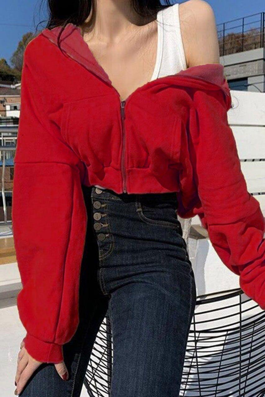 Kırmızı Mevsimlik Crop-Top Fermuarlı Kapüşonlu