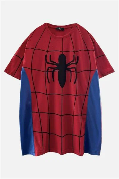 Kırmızı Spider Detaylı Oversize Unisex T-shirt