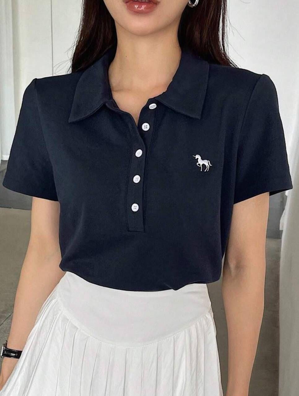 Lacivert Tek Boynuzlu At Baskılı Polo Yaka Düğmeli Kısa Kol Tshirt 