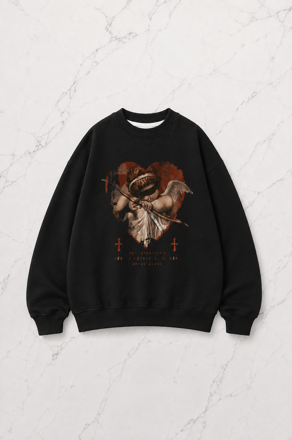 Love Angel Baskılı Siyah Unisex Oversize Bisiklet Yaka Sweatshirt