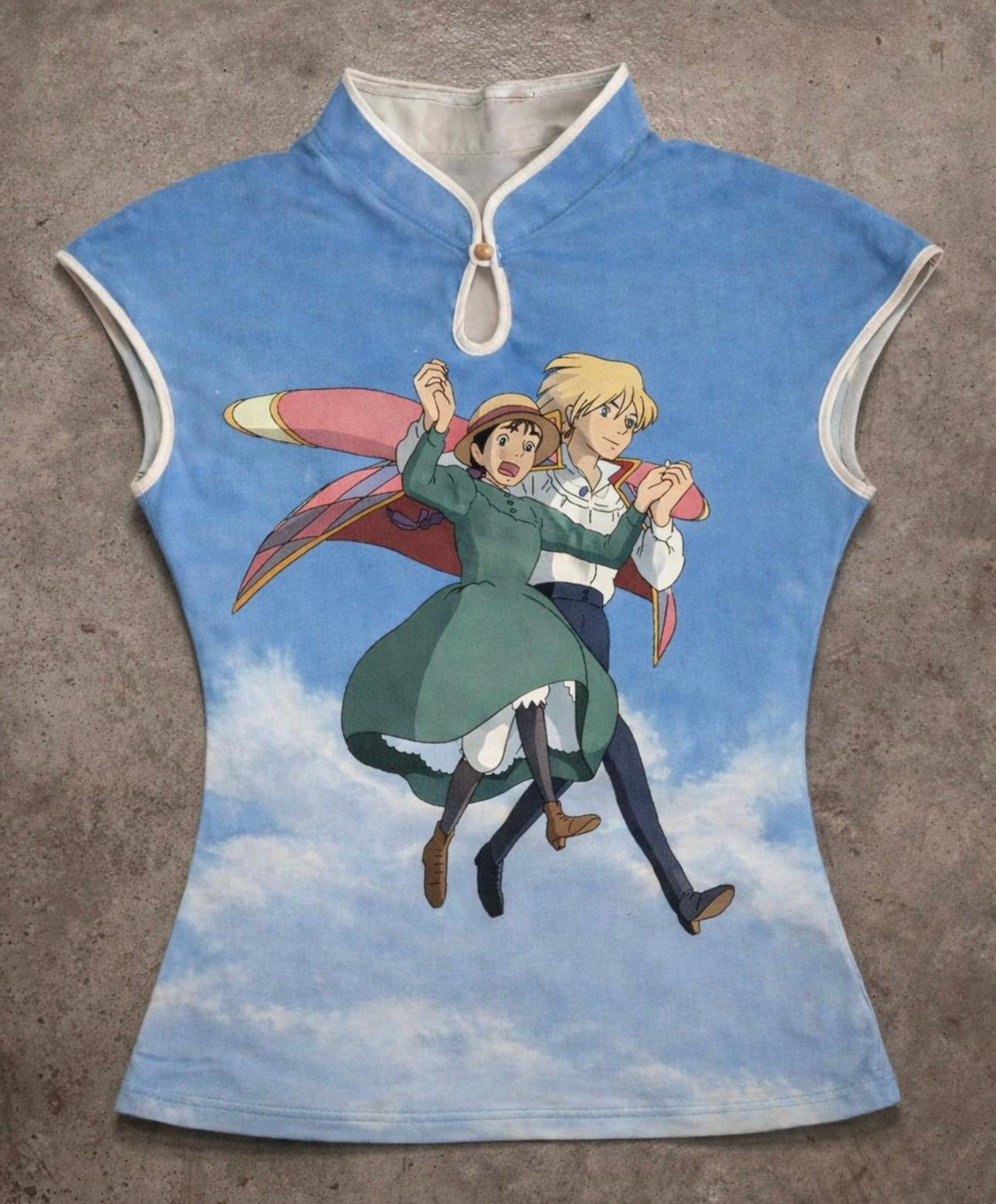 Mavi Anime Ghibli Vintage Y2K Kısa Kollu Crop