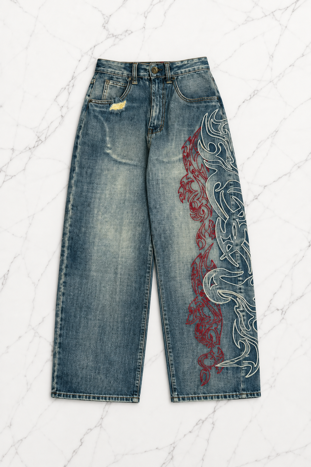 Mavi Taşlamalı Vintage Tribal Baskılı Grunge Baggy Unisex Pantolon