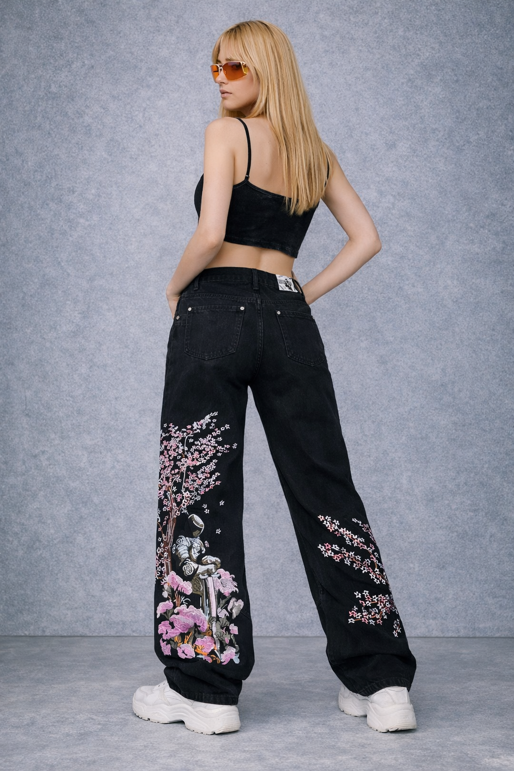 Midnight Blossom Nakışlı Wide Leg Jean