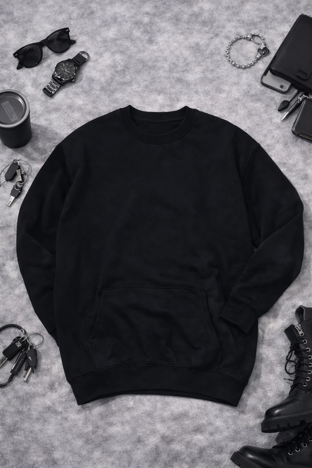 Outlet Düz Siyah Bisiklet Yaka Sweatshirt