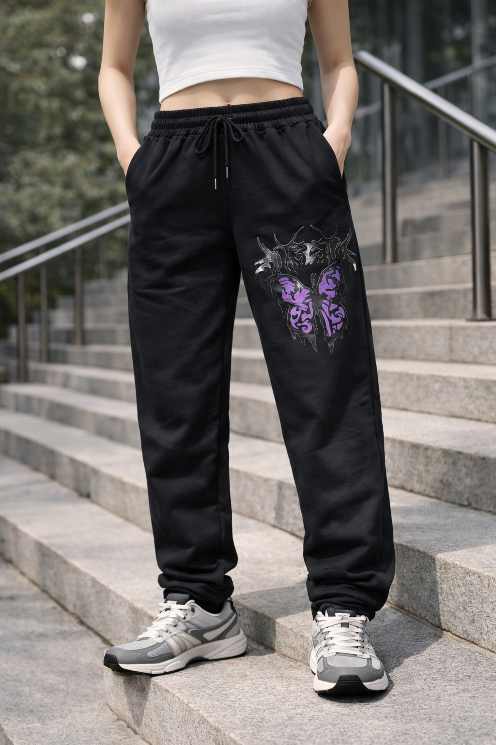 Outlet Gothic Butterfly Baskılı Siyah Eşofman Altı