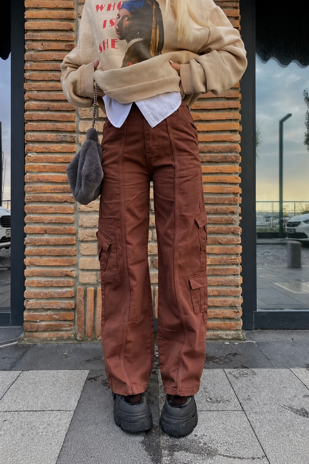 Outlet Kahverengi Lastikli Bel Kargo Pantolon