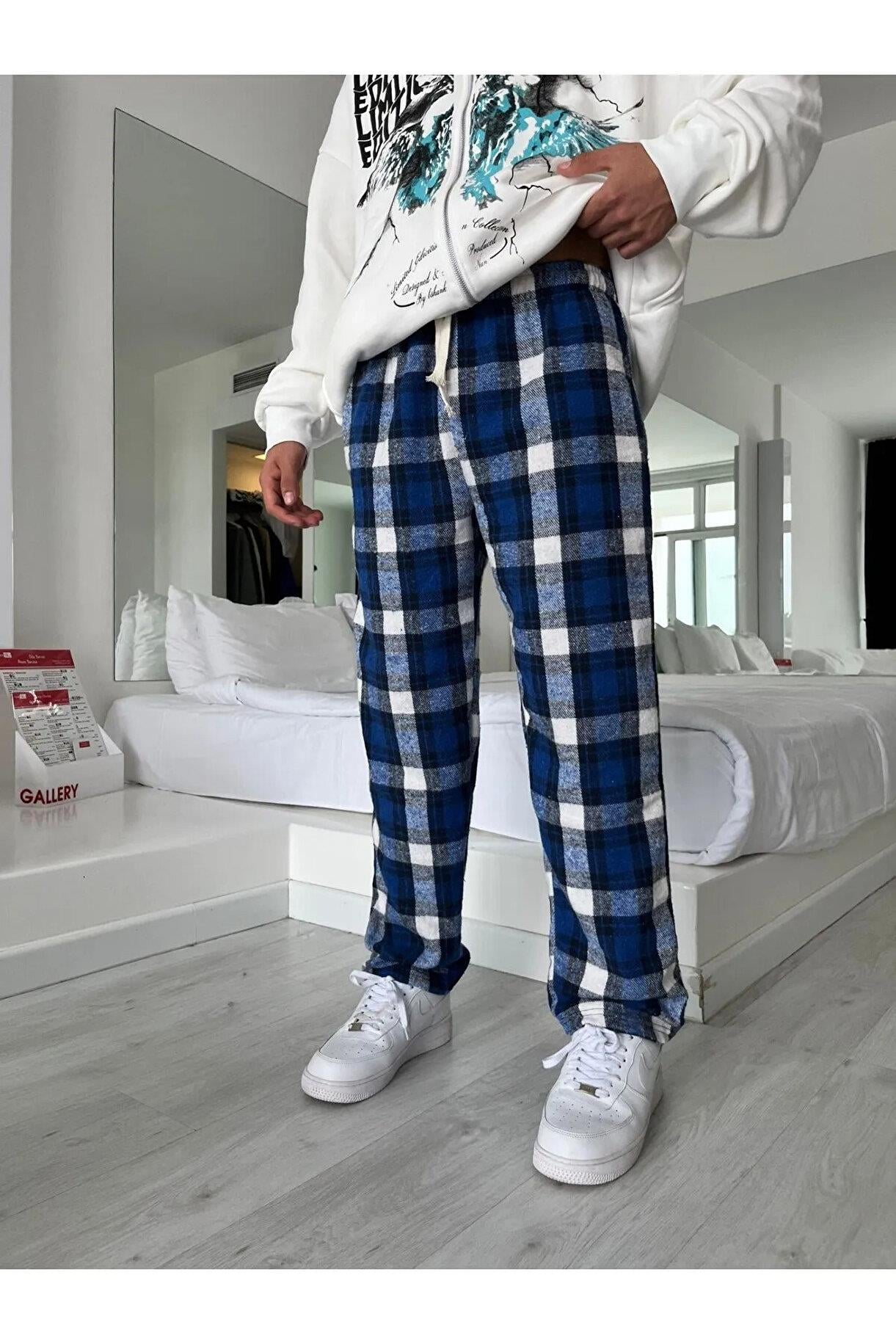 Outlet Mavi Beyaz Ekose Eşofman Altı