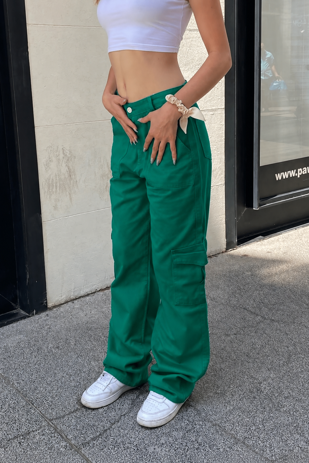Outlet Yeşil Kargo Bel Lastikli Baggy Jean