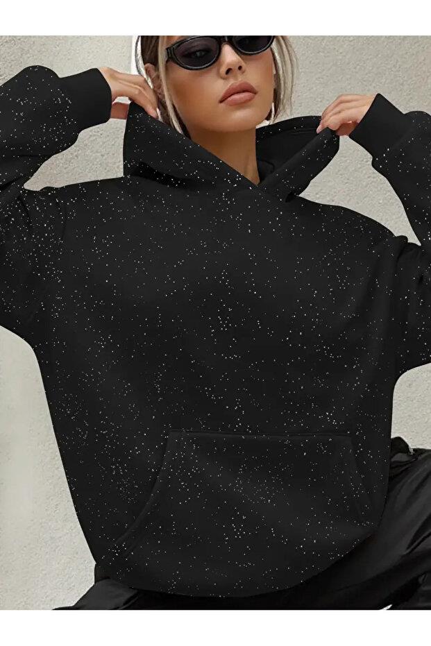 Parlak Taş Detail Oversize Unisex Hoodie Sweatshirt