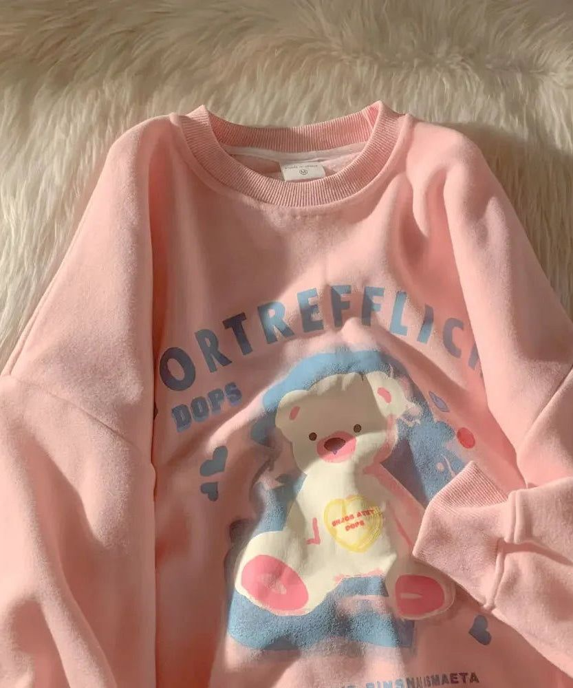 Pembe Cute Bear Baskılı Kısa Kol Oversize T-Shirt