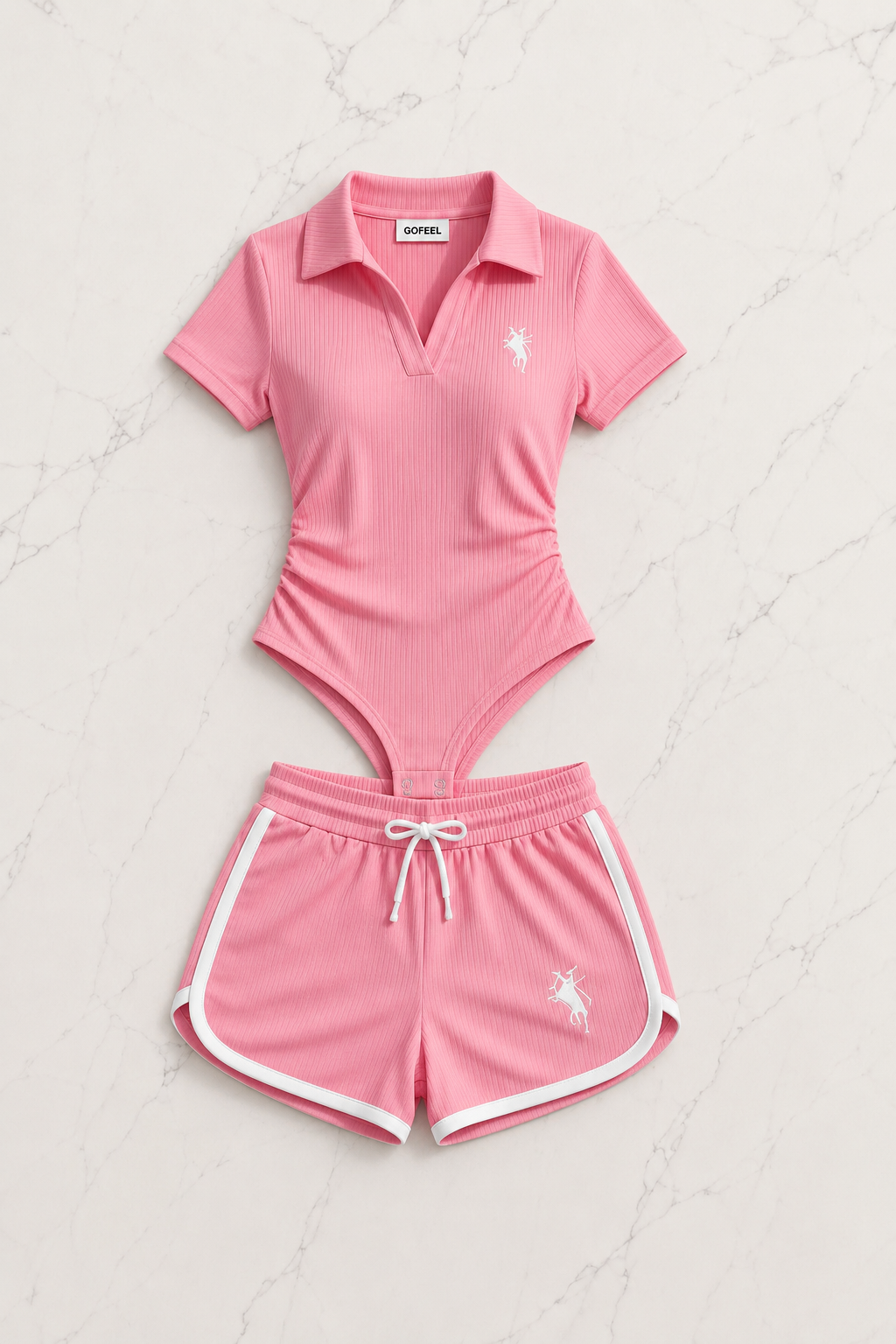 Pembe Fit Polo Yaka Bodysuit Şort Takım
