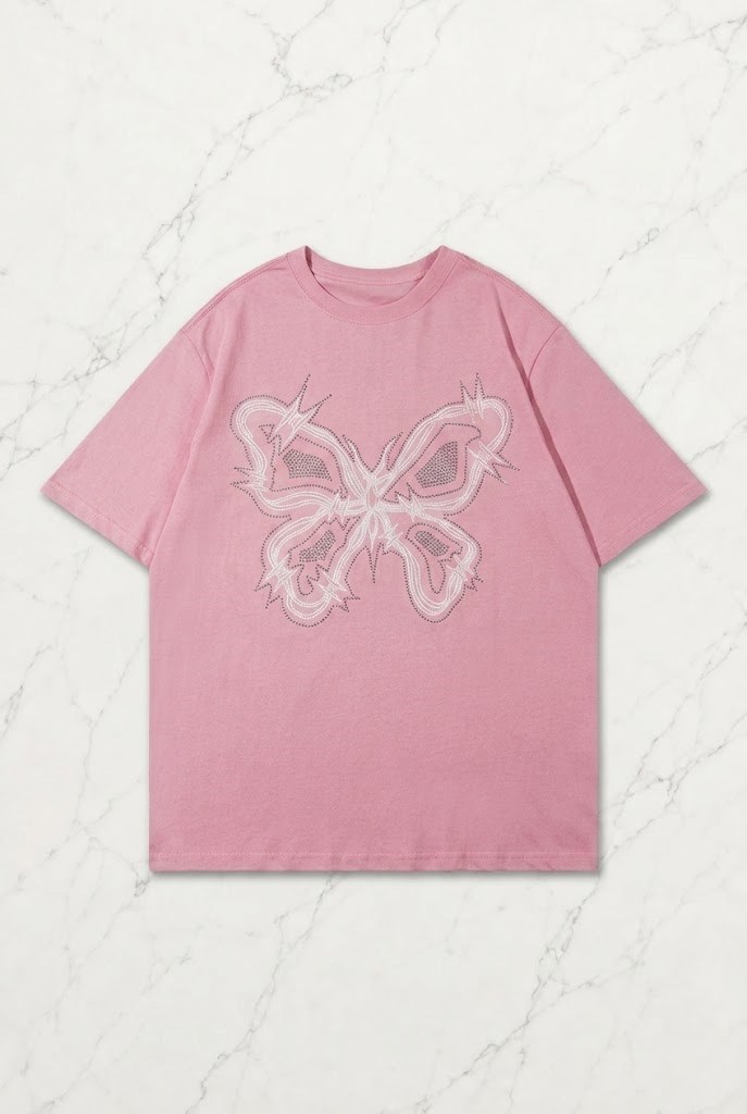 Pembe Kelebek Baskılı Kısa Kol Oversize T-Shirt