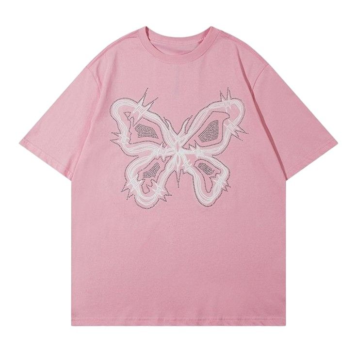 Pembe Kelebek Baskılı Kısa Kol Oversize T-Shirt
