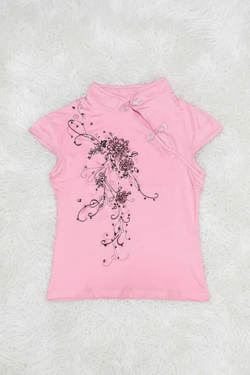 Pembe Mandarin Yaka Çiçekli Qipao Vintage Y2K Kısa Kollu Crop