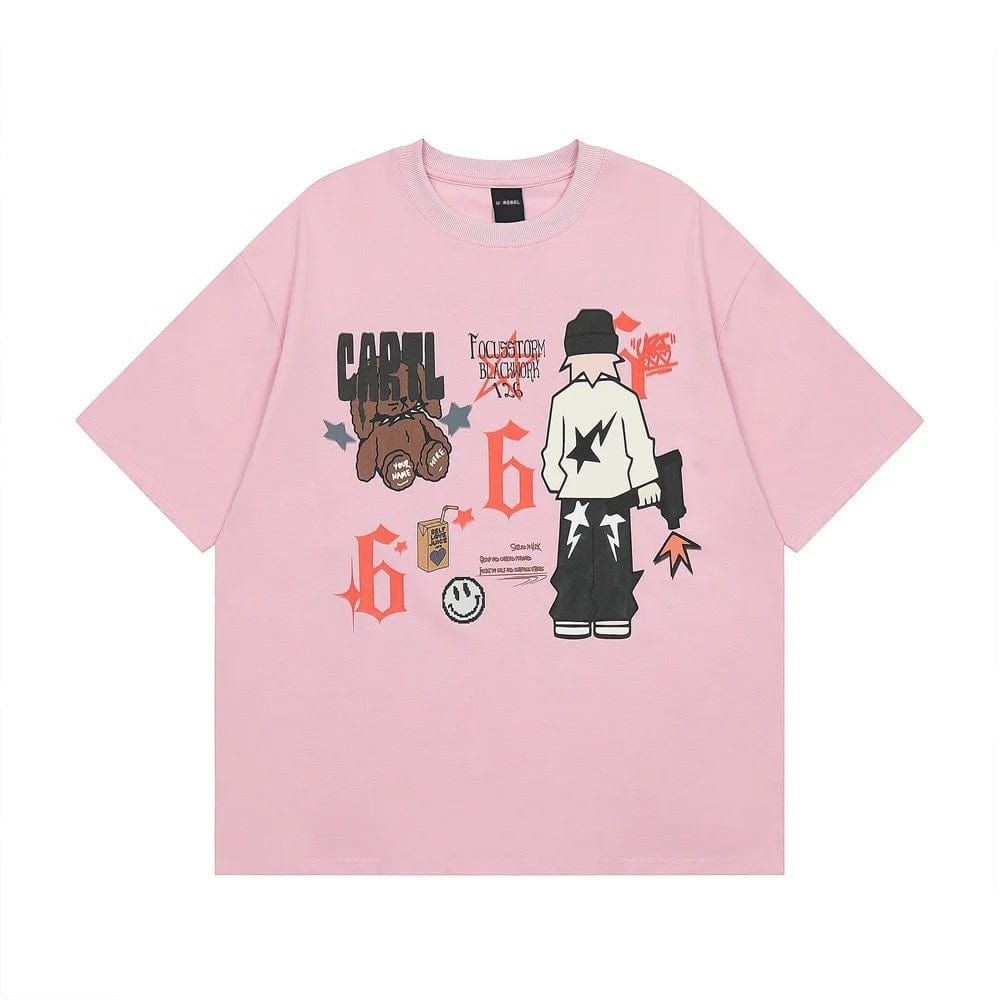 Pembe Retro Graphic Baskılı Kısa Kol Oversize T-Shirt