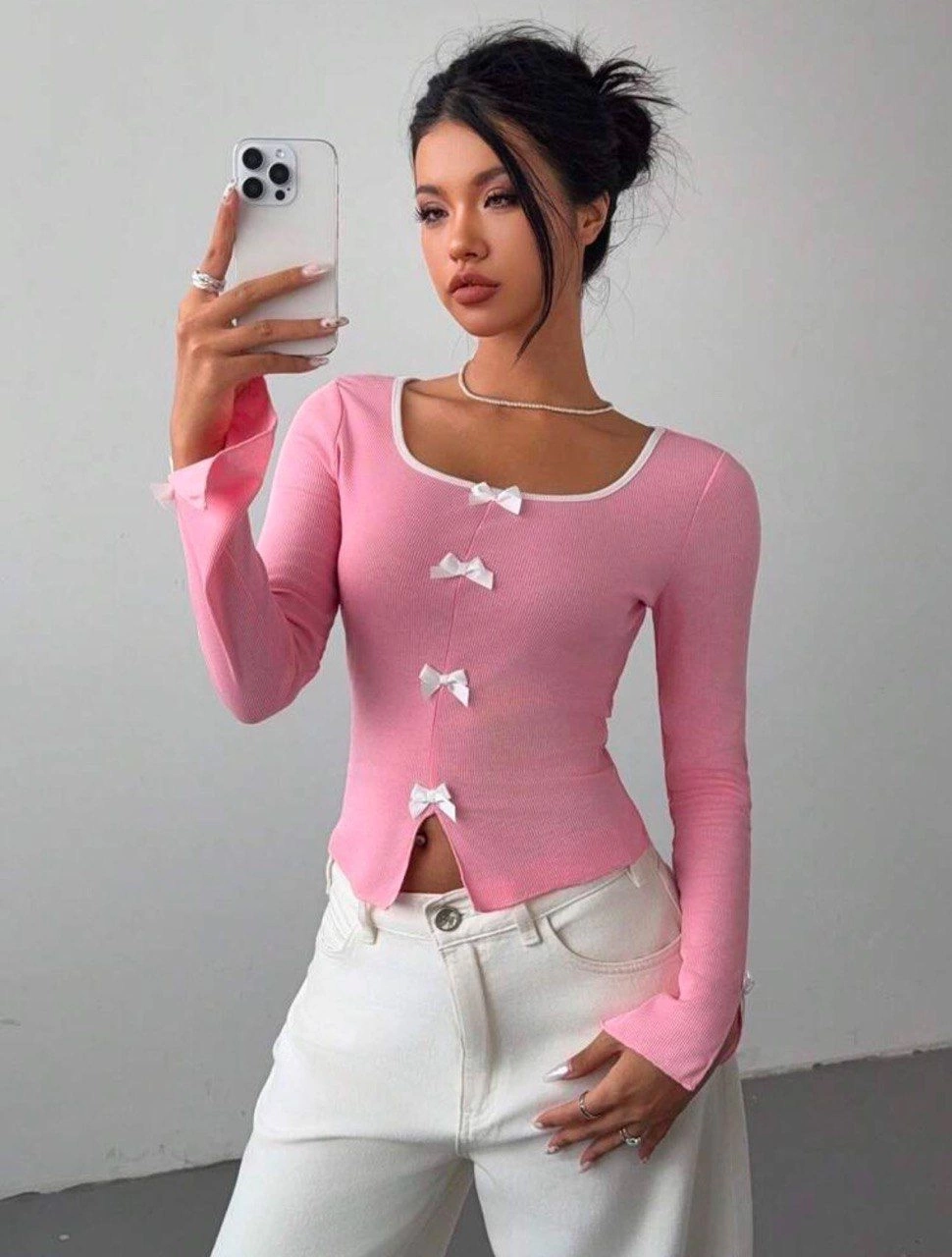 Pembe Ribbon Dekolteli Uzun Kollu Crop