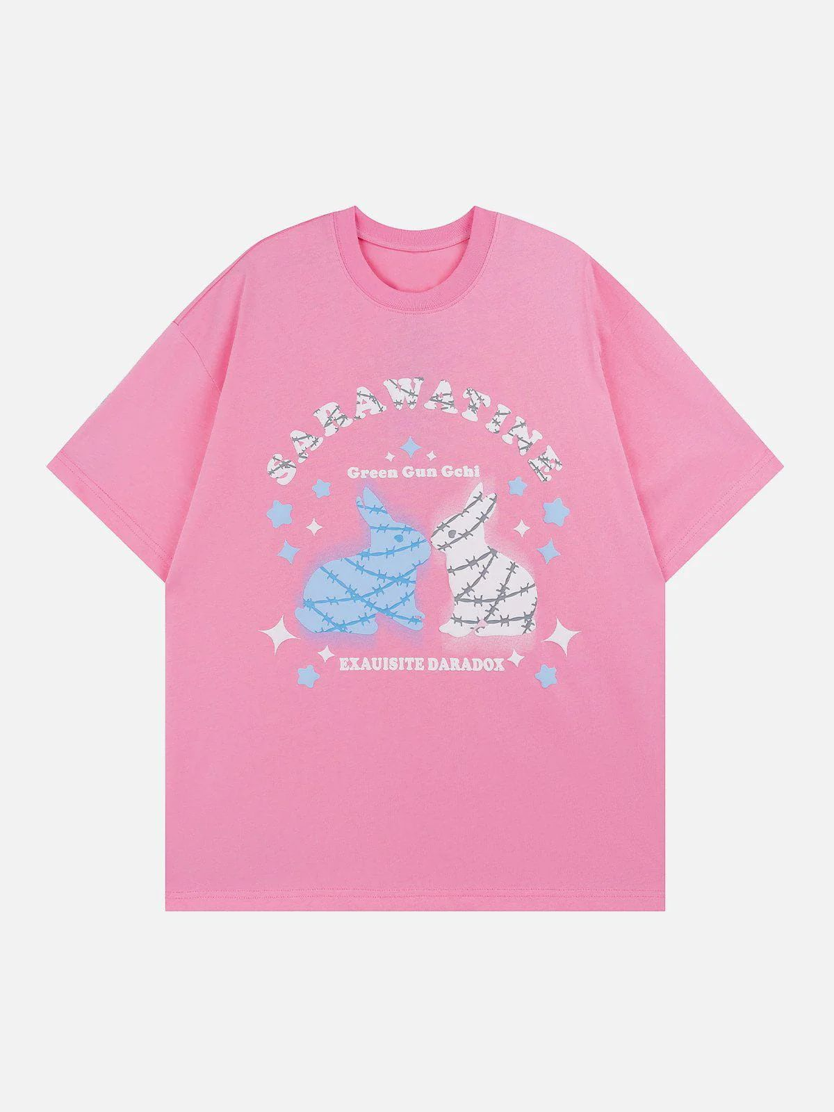 Pembe Sarawatıne Baskılı Kısa Kol Oversize T-Shirt