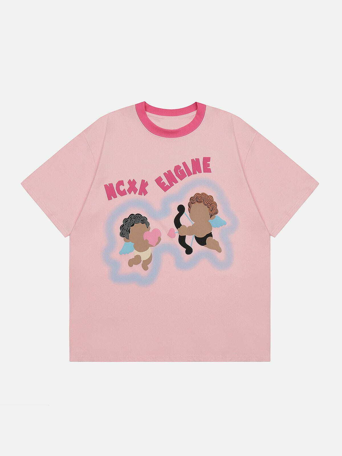 Pembe Sevimli Melek Baskılı Kısa Kol Oversize T-Shirt