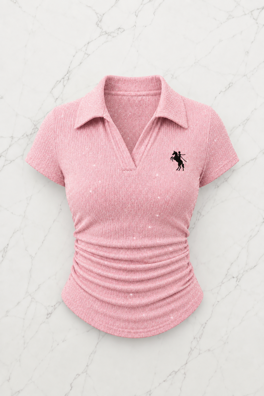 Pembe Simli Polo Yaka Büzgülü Bluz