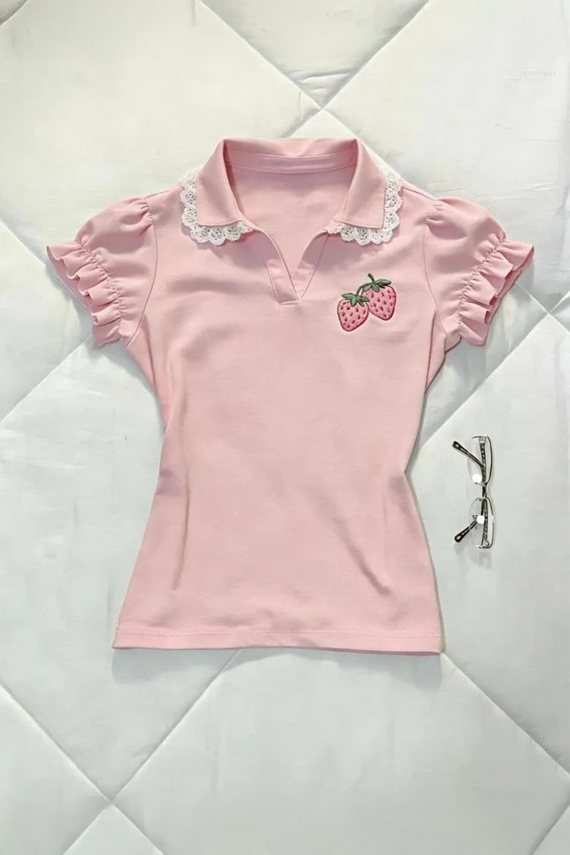 Pembe Strawberry Dantel Yaka Detaylı Y2K Kısa Kollu Crop