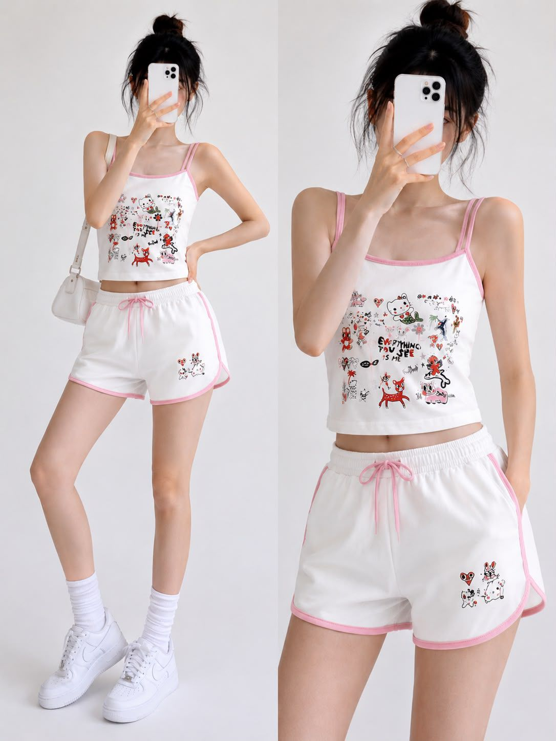 Pembe Sweet Cherry Askılı Şort Takım