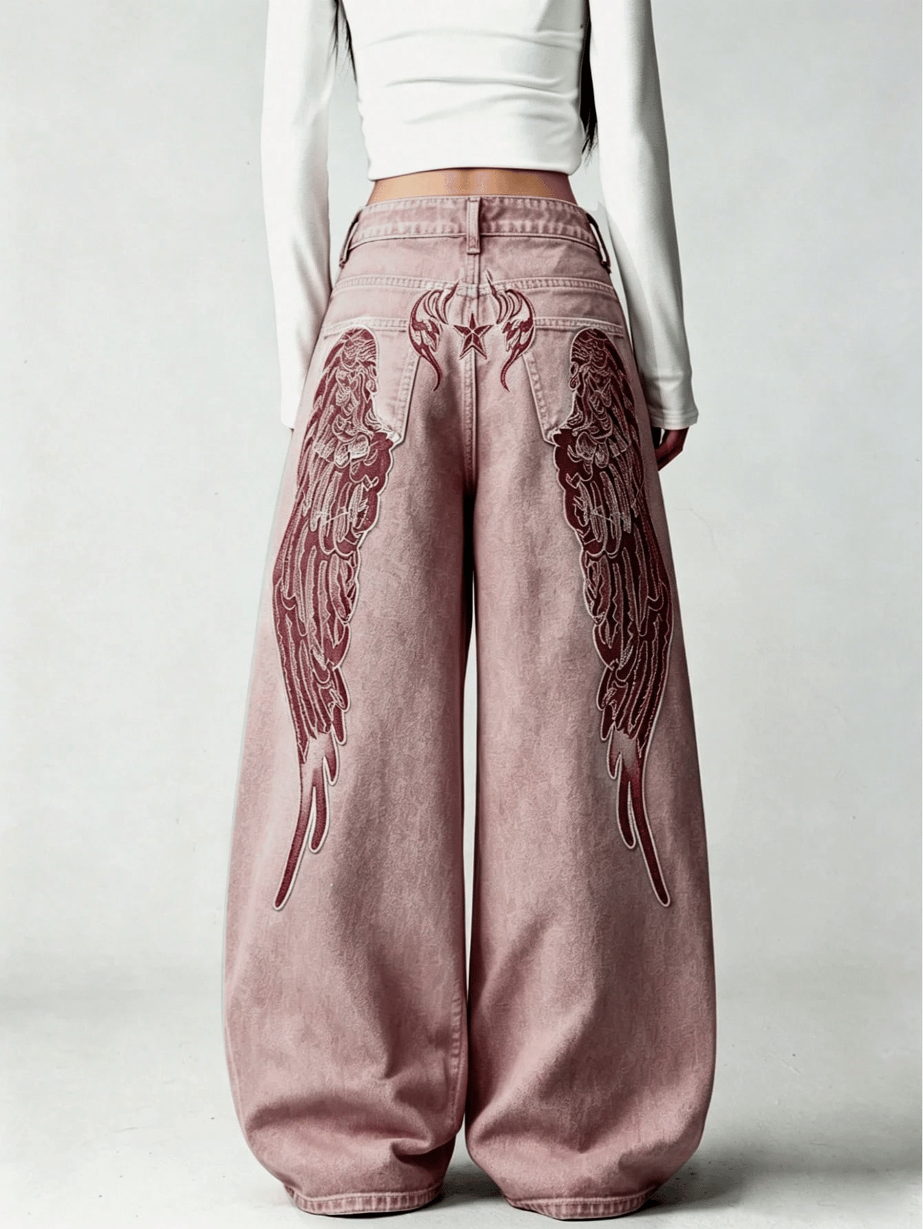 Pembe Yıkamalı Melek Kanatlı Harajuku Y2K Unisex Baggy Pantolon