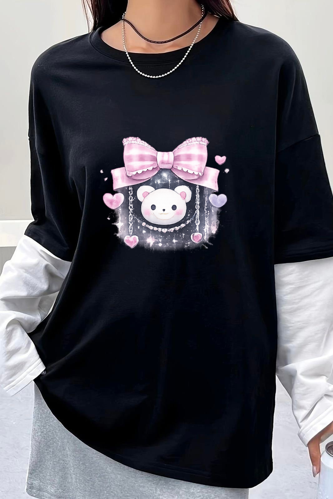 Princess Cute Baskılı Siyah Reglan Kol Uzun T-shirt