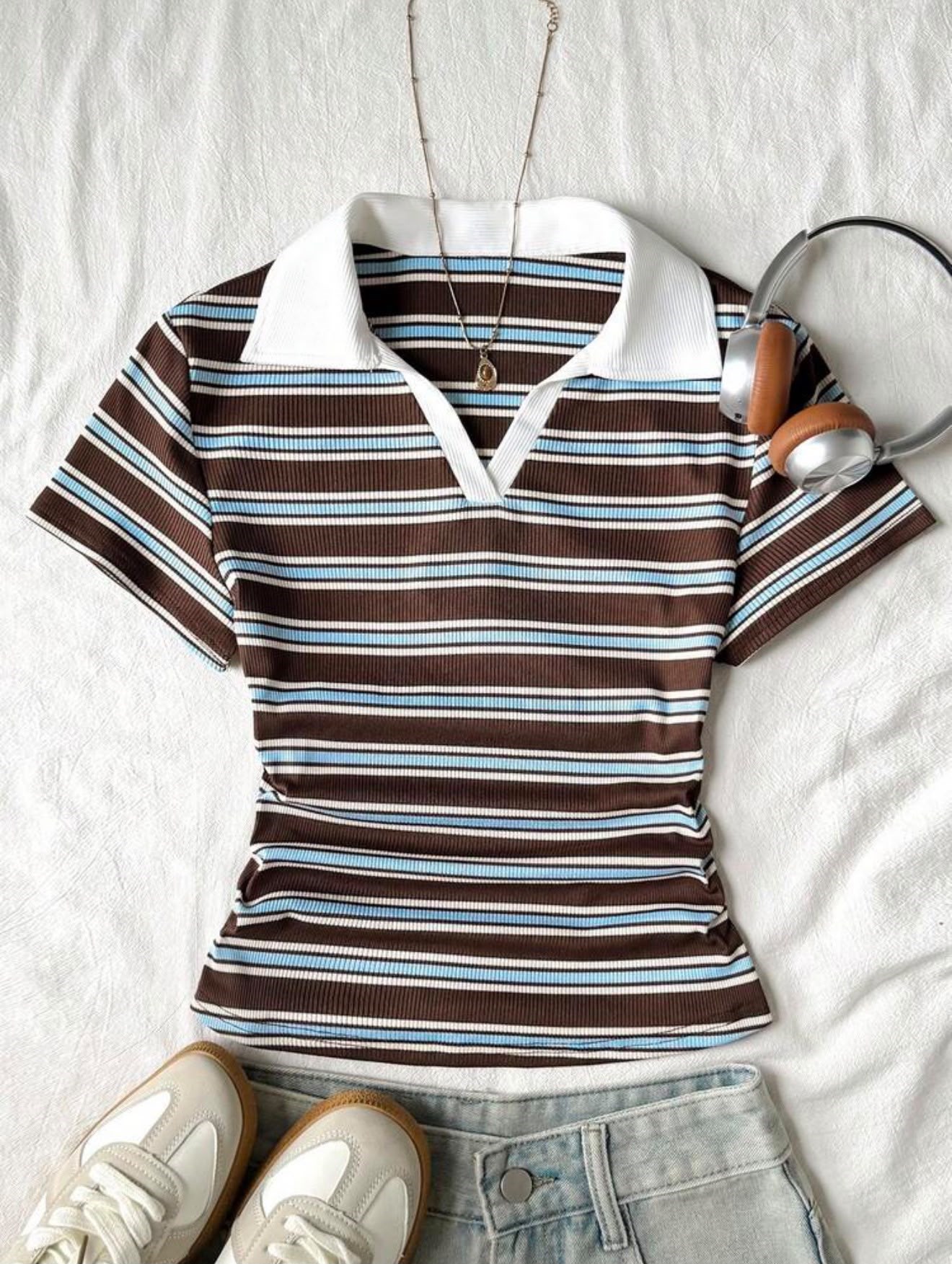Retro Çizgili Solo Polo Yaka Kadın Bluz