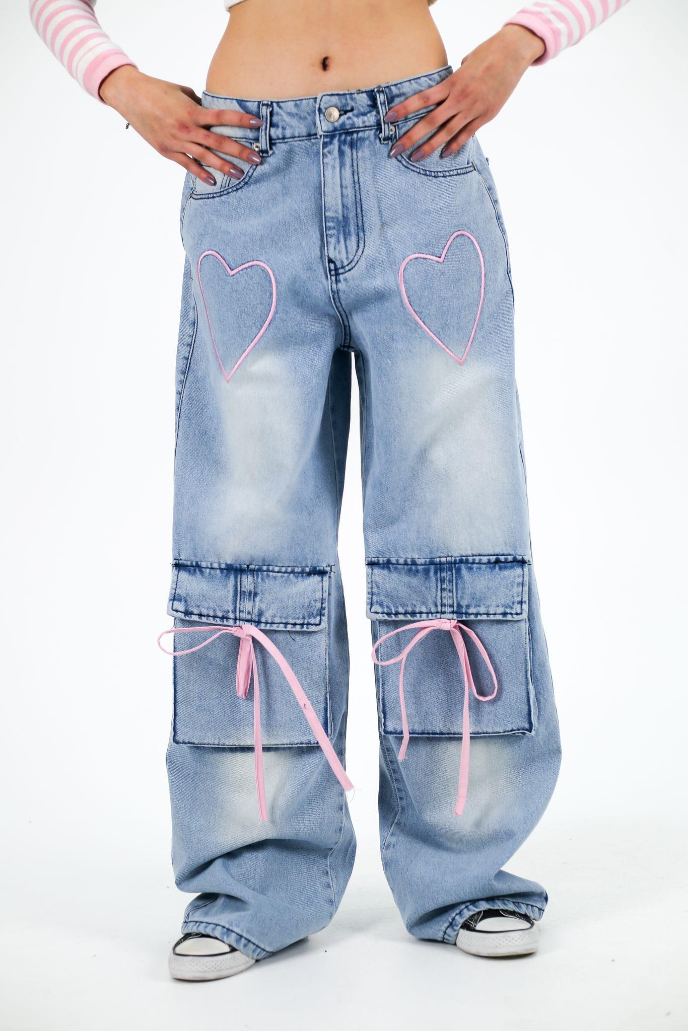 Ribbon Cargo Pocket Kar Yıkamalı Baggy Pantolon
