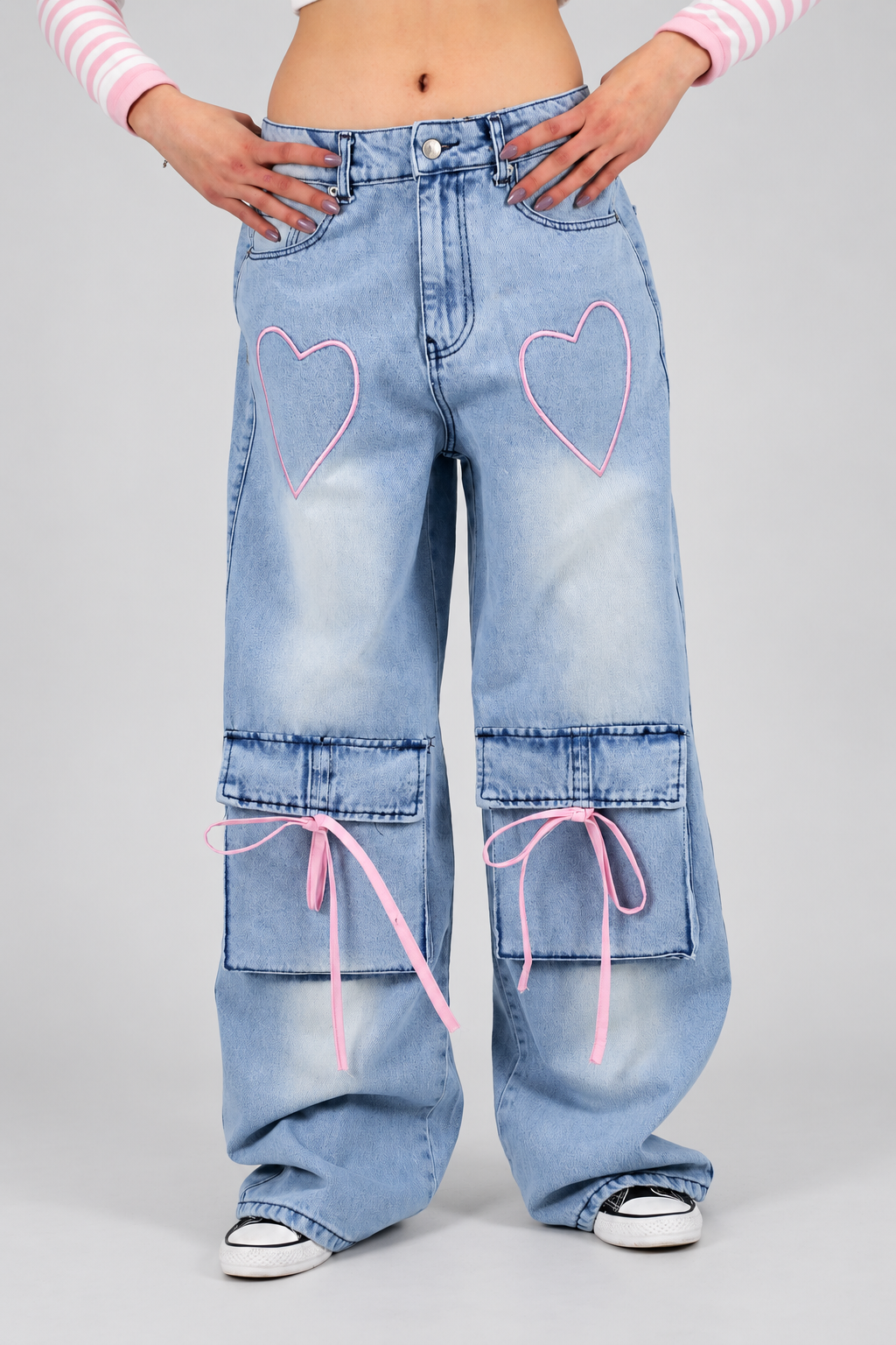 Ribbon Cargo Pocket Kar Yıkamalı Baggy Pantolon