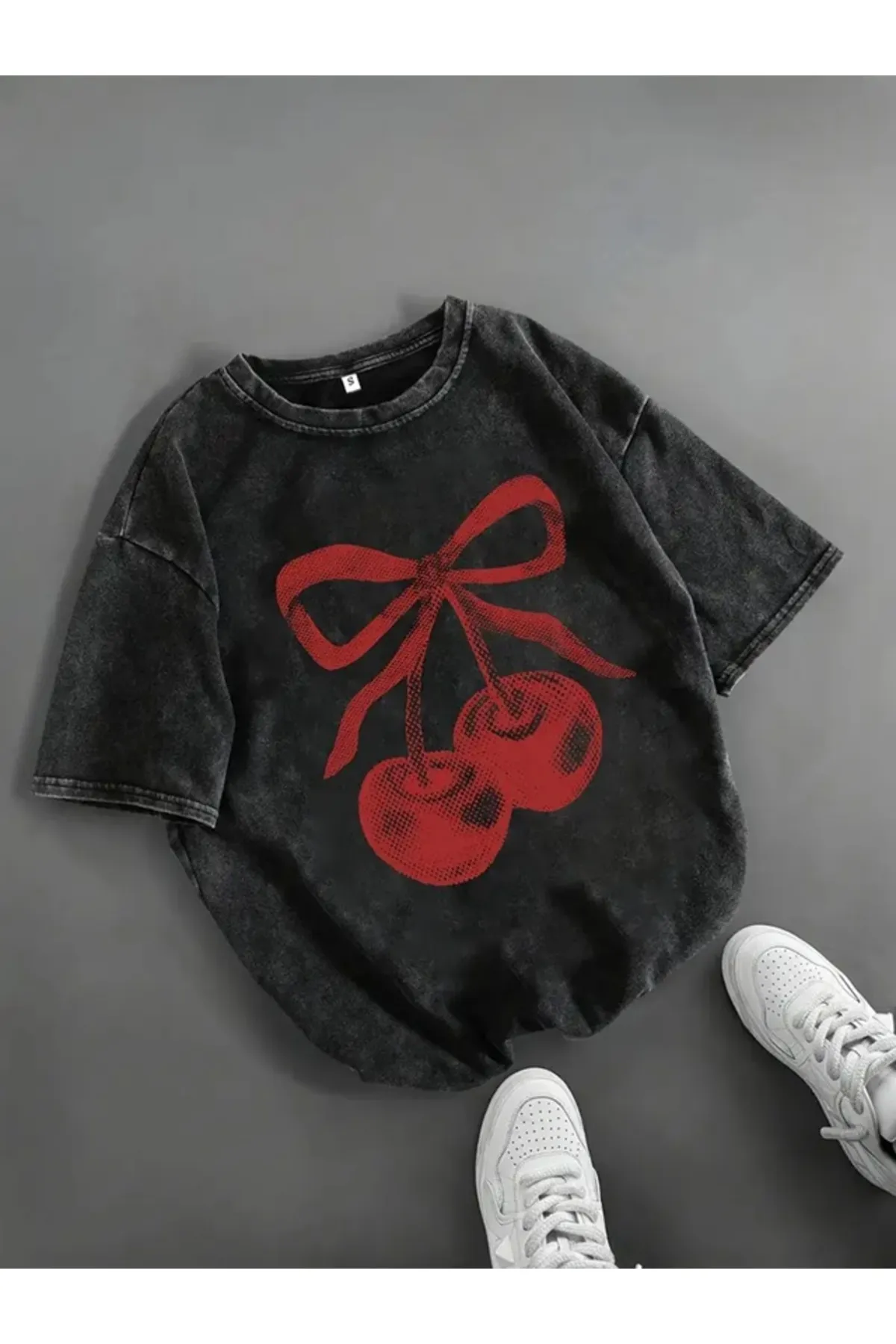 Ribbon Cherry Yıkamalı Oversize Vintage Tshirt