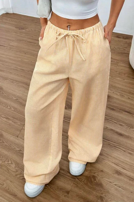 Sarı Çizgili Beli Lastikli Y2K Bol Paça Pantolon