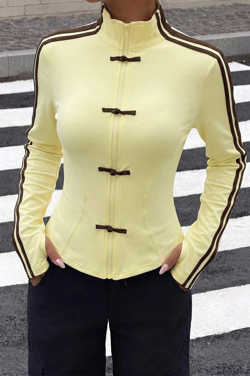 Sarı Şeritli Mandarin Japonic Y2K Crop Hırka