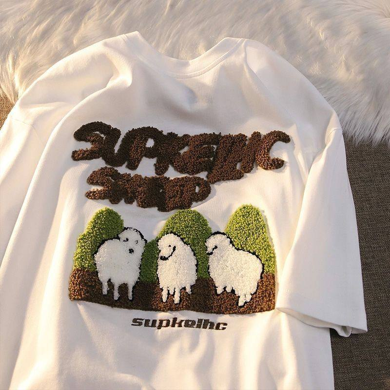 Sheep Detaylı Oversize Unisex Siyah T-shirt