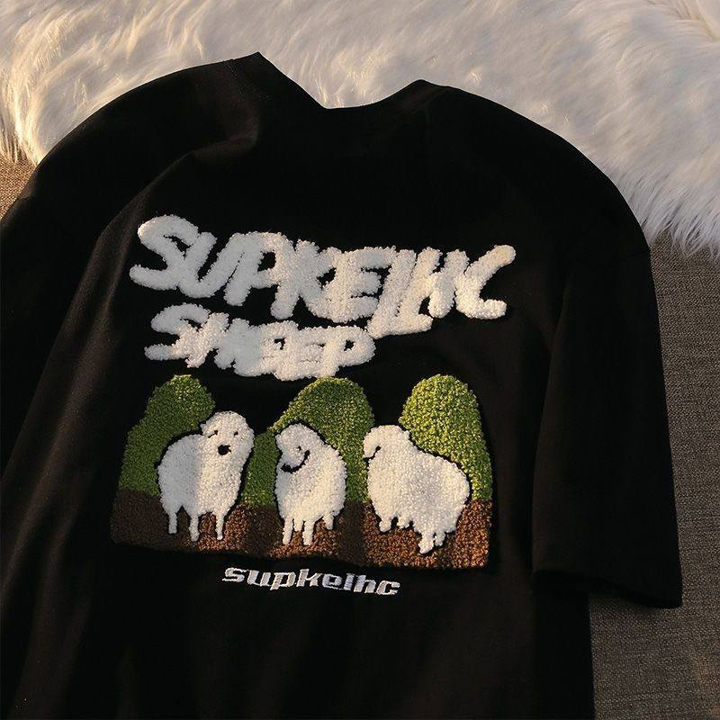 Sheep Detaylı Oversize Unisex Siyah T-shirt