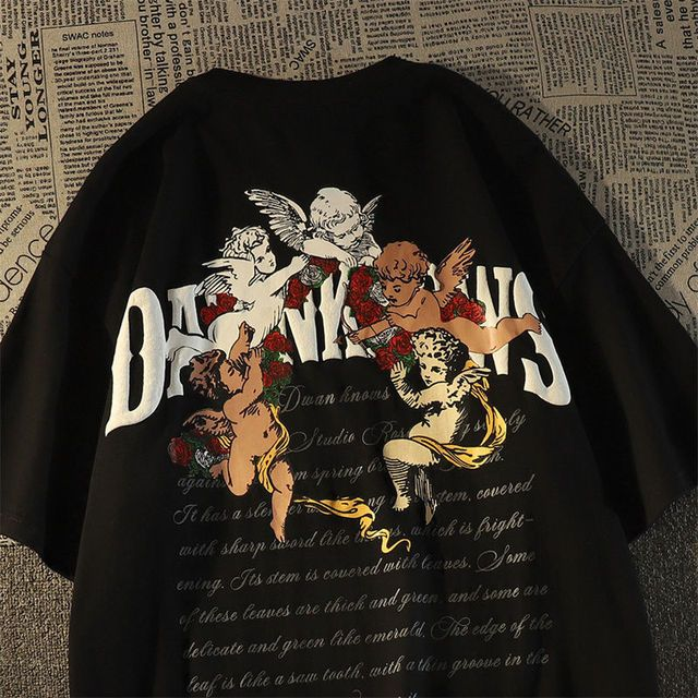 Siyah Angel Baby Baskılı Kısa Kol Oversize T-Shirt