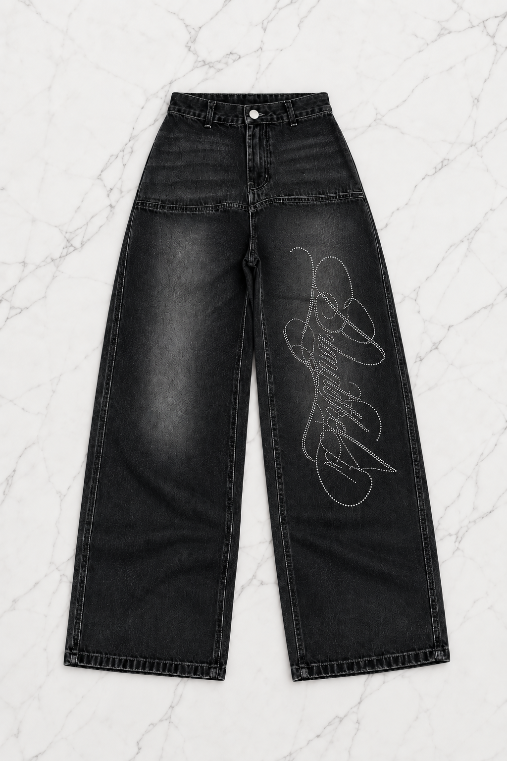 Siyah Angel Baby Parlak Taşlı Baggy Pantolon