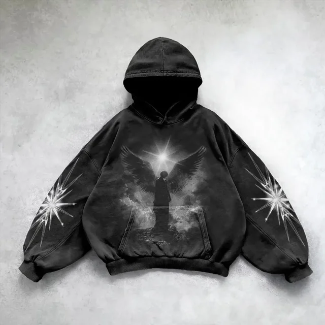 Siyah Angel Wing Sparkle Gothic Kapüşonlu Sweatshirt