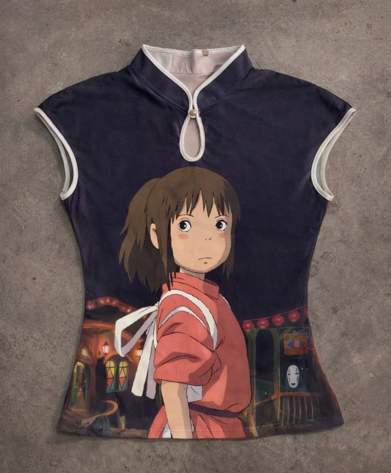 Siyah Anime Ghibli Vintage Y2K Kısa Kollu Crop