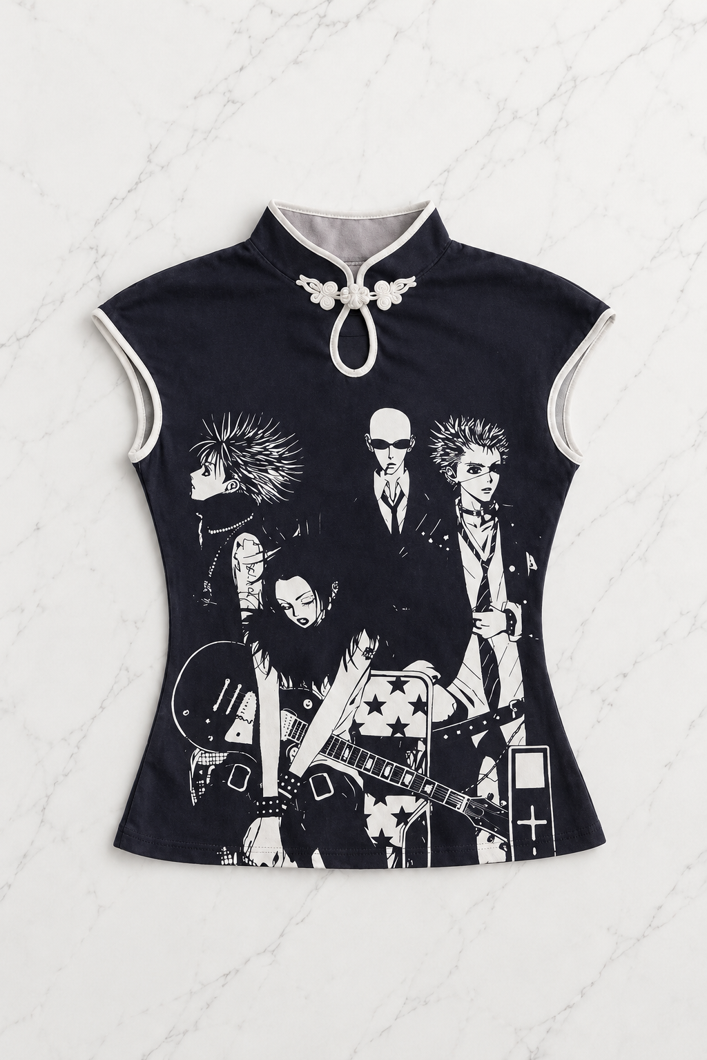 Siyah Anime Nana Qipao Vintage Y2K Kısa Kollu Crop