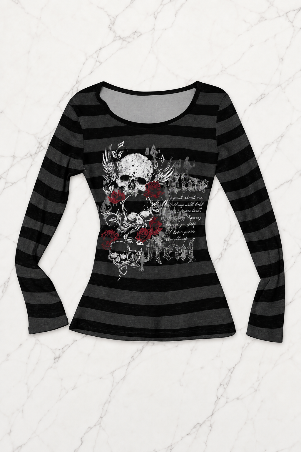 Siyah Antrasit Çizgili Skull Red Rose Gotik Y2K Uzun Kollu Crop
