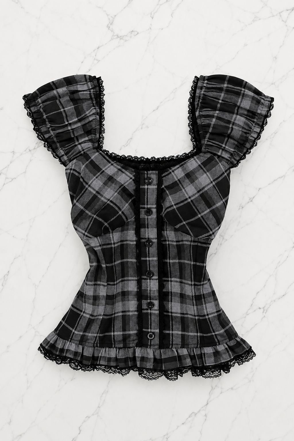 Siyah Antrasit Ekoseli Vintage Dantelli Kare Yaka Y2K Kısa Kollu Crop