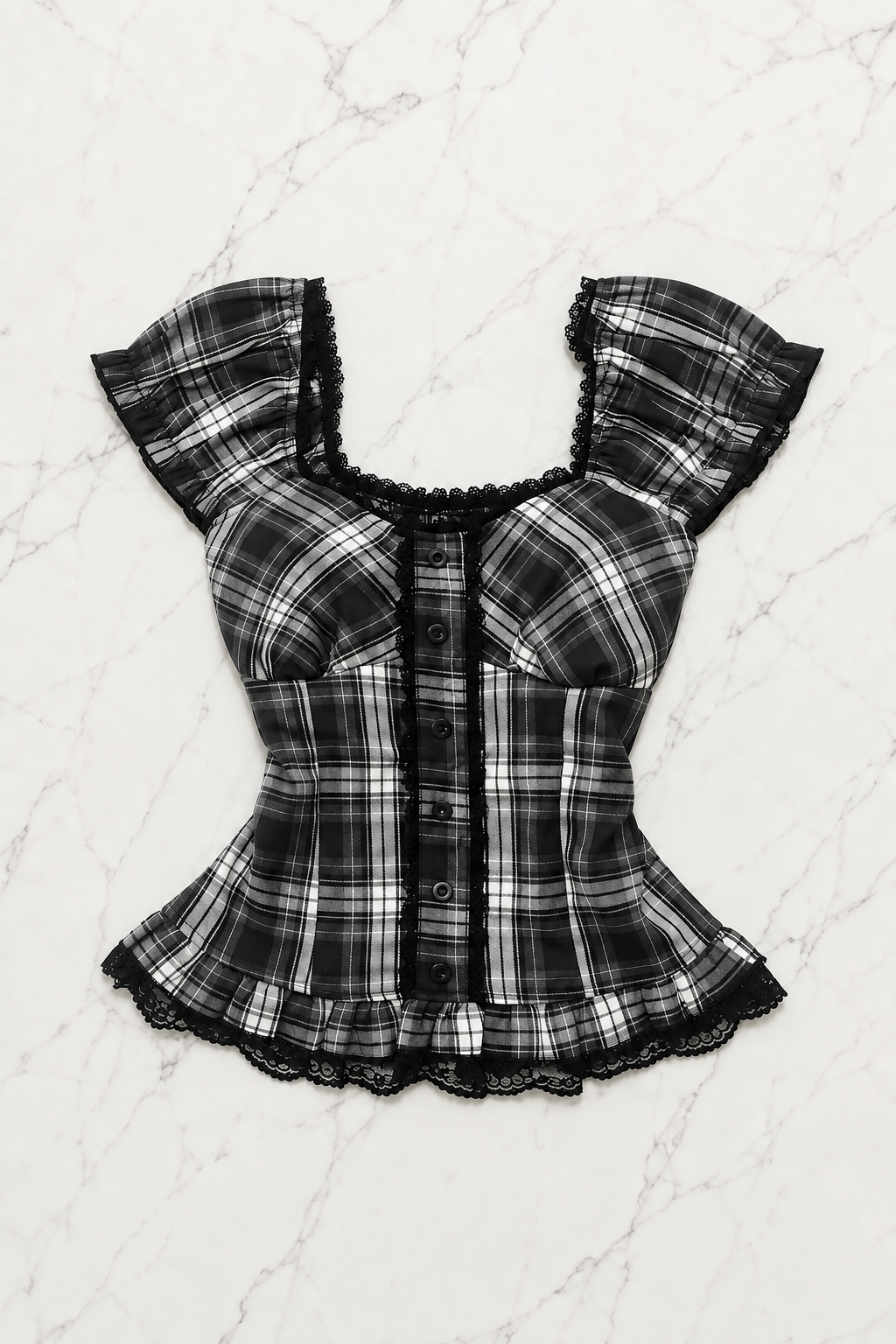 Siyah Beyaz Ekoseli Vintage Dantelli Kare Yaka Y2K Kısa Kollu Crop