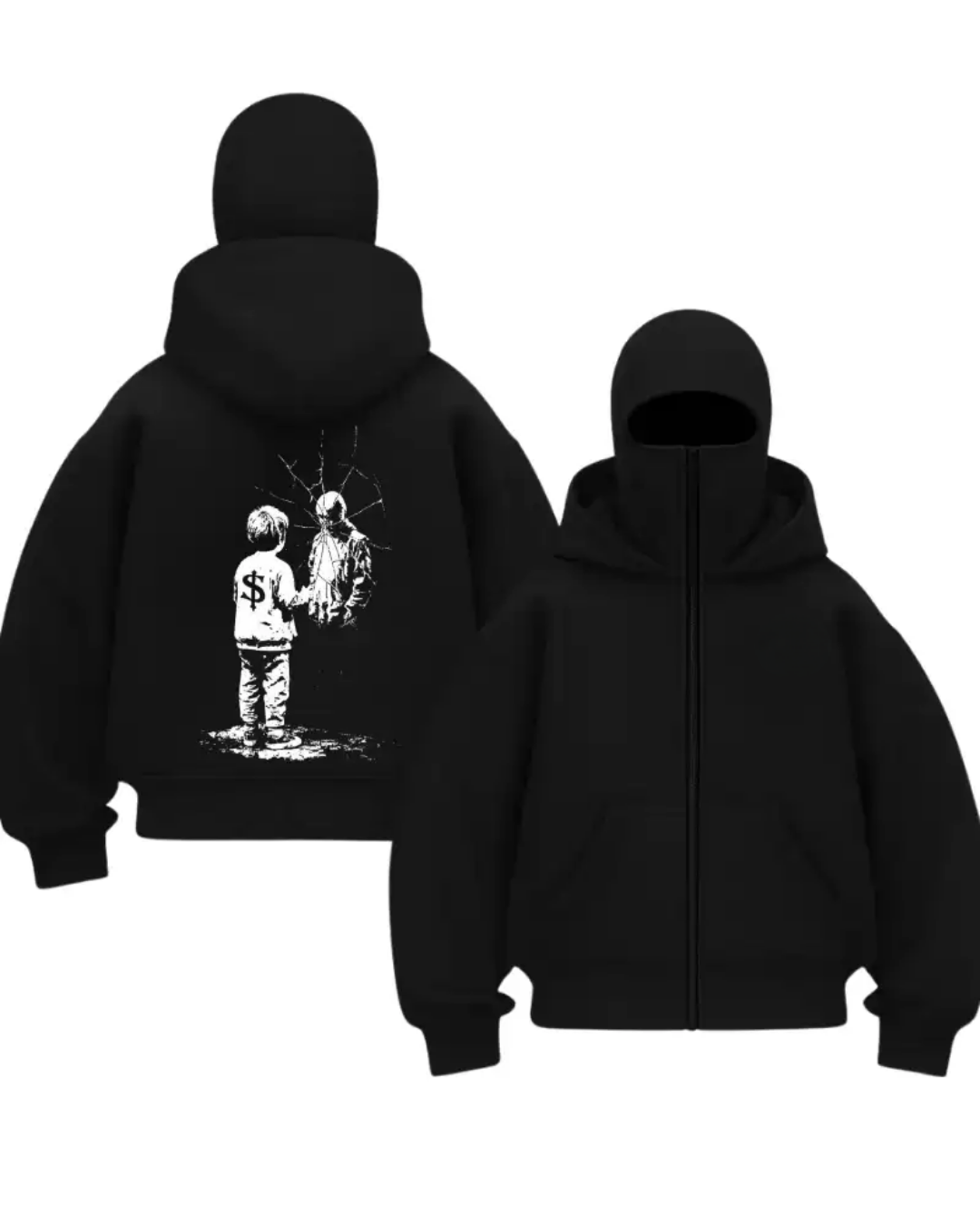 Siyah Broken Reality Baskılı Kar Maskeli Unisex Sweatshirt Hırka