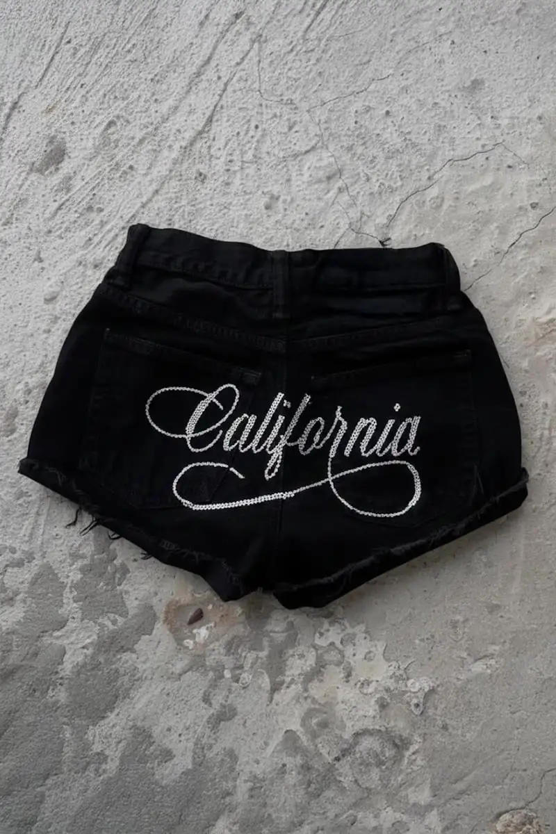 Siyah California Taşlı Y2K Mini Şort